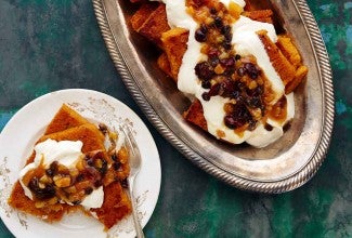 Pumpkin-Ginger Polenta with Stewed Fruit and Mascarpone Cream