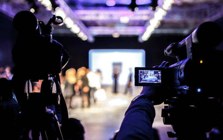 View of a television studio through a camera lens